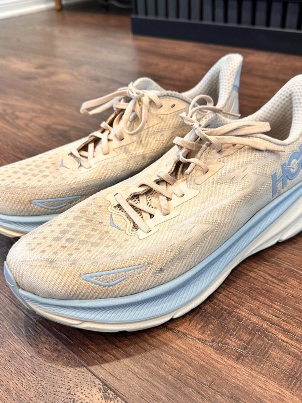 Hoka One One Clifton Cream Tan Powder Blue Running Shoes Men Size 12.5 US